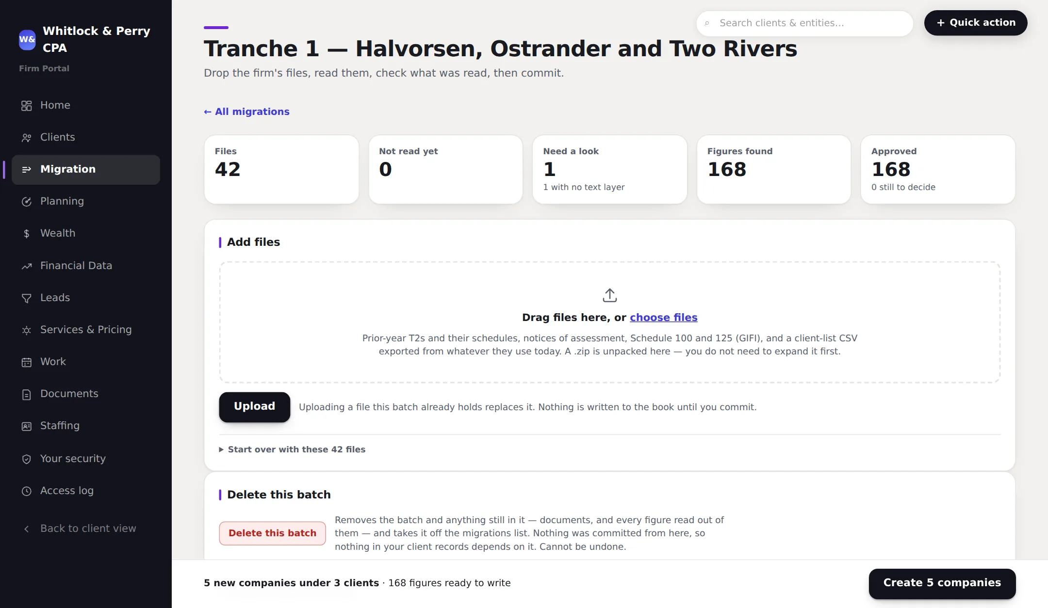 A migration batch in review: 42 files read, 168 figures found and approved, five new companies ready to create.