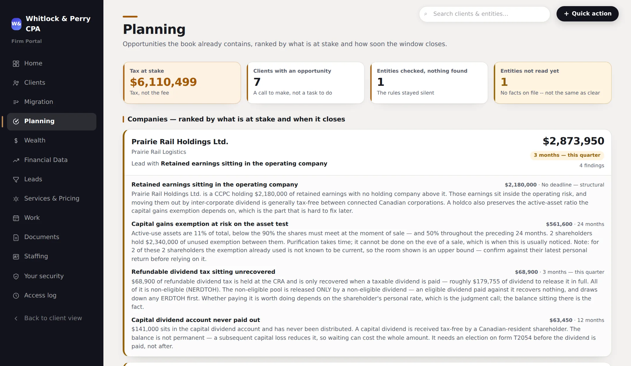 Planning across the book: tax at stake ranked by company, each finding traceable to a line on a filed return.